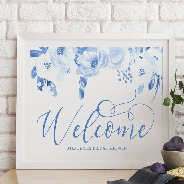 Elegant Vattenfärgssymbol Blommigt Dusty Blue Välk Poster (Welcome Poster from my Dusty Blue Watercolor Floral Bridal Shower)