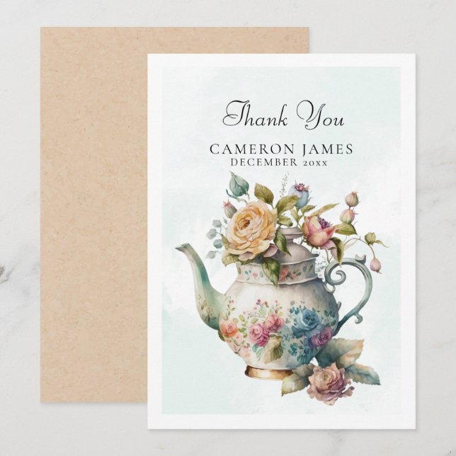 Elegant vattenfärgste-kanna blomsterlig tekalas tack kort (Fram/baksida)