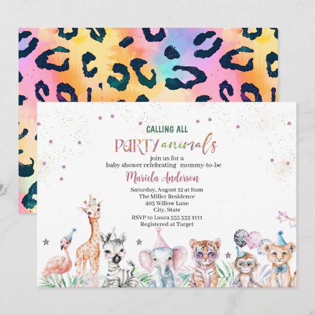 Elegant VattenfärgsVild Safari Animals Baby Shower Inbjudningar (Fram/baksida)