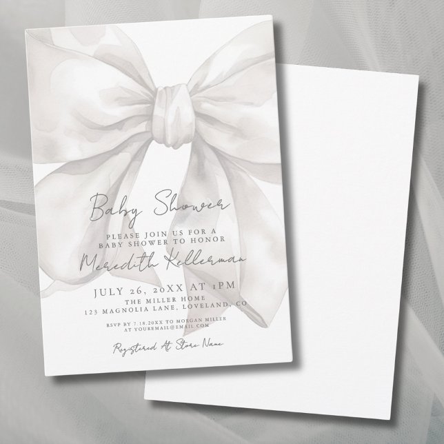 Elegant Vattenfärgsvit babybabyskiss Inbjudningar (Elegant Watercolor White Bow Baby Shower Invitation)
