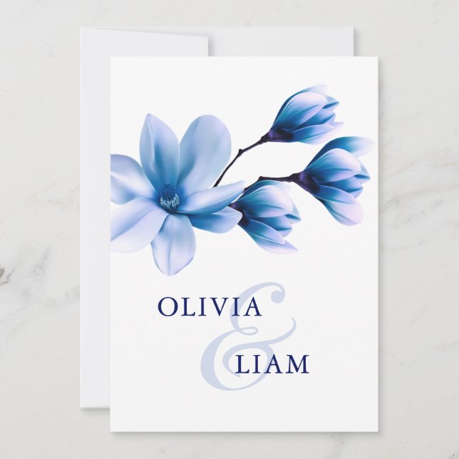 Elegant Vattenskärg Blommigt Blåvit Bröllop Inbjudningar (Framsida)