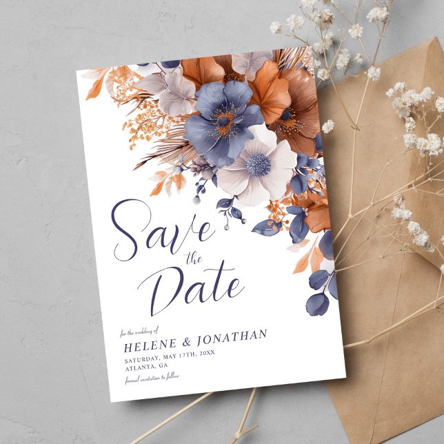 Elegant Vattenskärg Blommigt Dusty Blue Rust Bröll Spara Datumet (Elegant Watercolor Floral Dusty Blue Rust Wedding Save The Date)