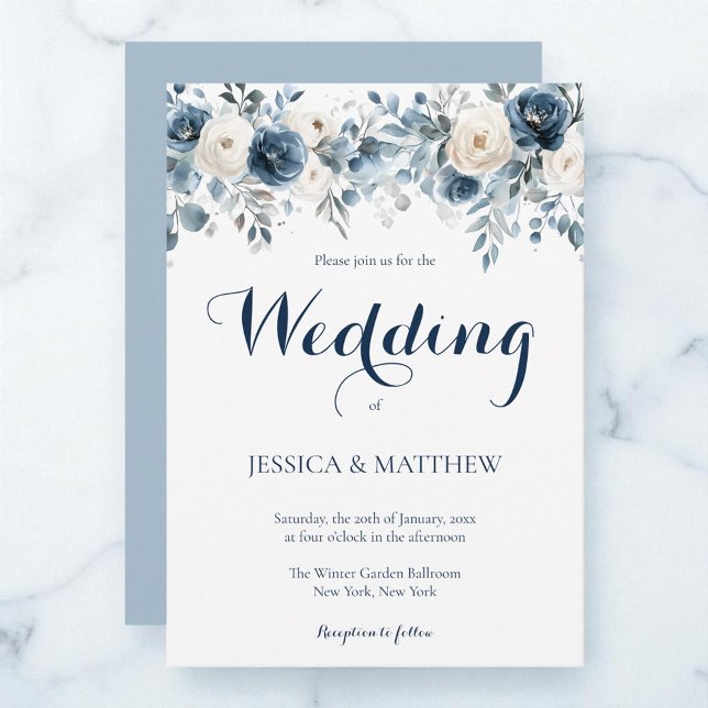 Elegant Vattenskärg Dusty Blue White Blommigt Bröl Inbjudningar (Elegant Watercolor Dusty Blue White Floral Wedding Invitation)