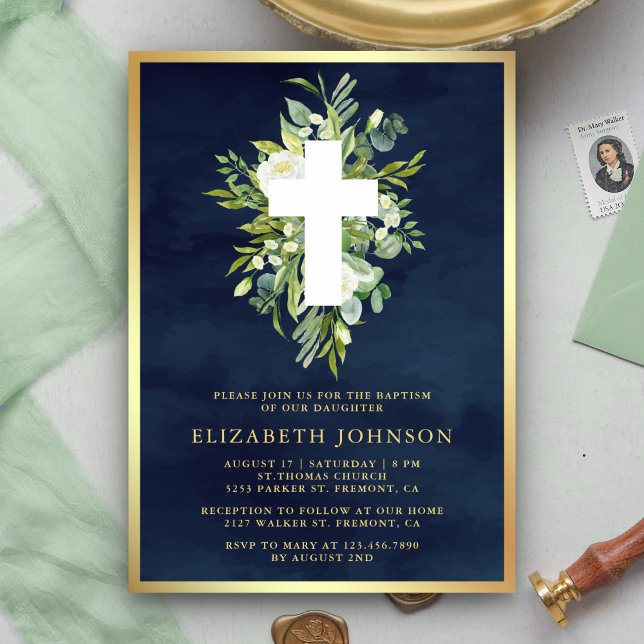 Elegant Vattenskärg Greenery Navy Blue Guld Baptis Inbjudningar (Skapare uppladdad)