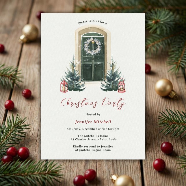 Elegant Vattenskärg - Julfesten Jul Inbjudningar (Watercolor Front Door Christmas Party Invite • Wreath & Lanterns (Personalized))