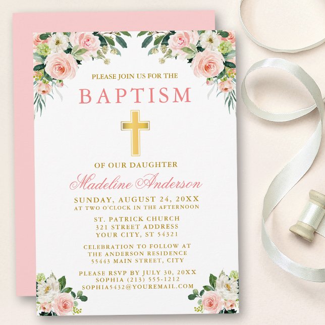 Elegant Vattenskärm Rosa Vit Blommigt Baptism Inbjudningar (Customize to change text color, size, style or to change color of back of card.)