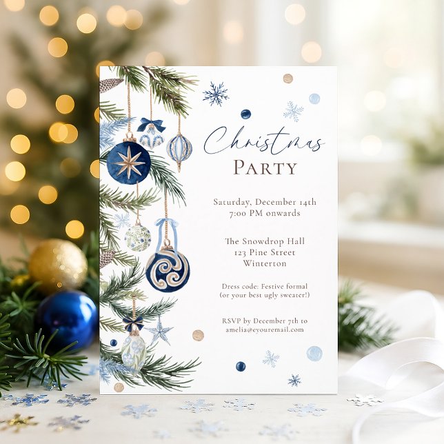 Elegant Vattentärsfärg Blå vit jul Ornament Inbjudningar (Skapare uppladdad)