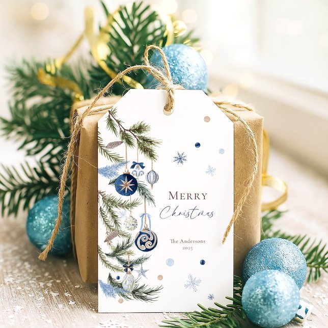 Elegant Vattentärsfärg Blå vit jul Ornament Presentetikett (Skapare uppladdad)