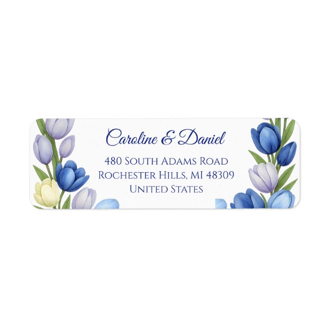 Elegant Vattentärsfärg Tulip WAN Bröllop Blue Ivor Returadress Etikett (Framsidan)
