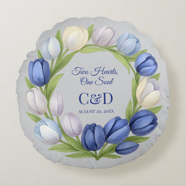 Elegant Vattentärsfärg Tulip WAN Bröllop Blue Ivor Rund Kudde (Framsidan)