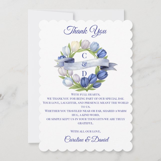 Elegant Vattentärsfärg Tulip WAN Bröllop Blue Ivor Tack Kort (Framsida)