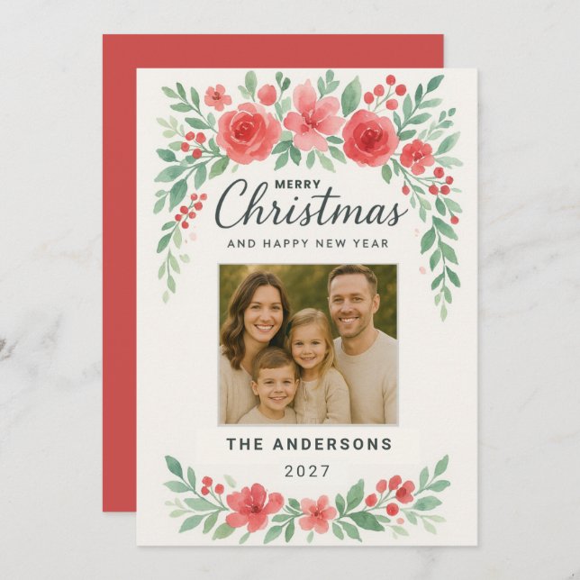 Elegant Vattentärsfärgat julfotkort för Blommigt Julkort (Fram/baksida)