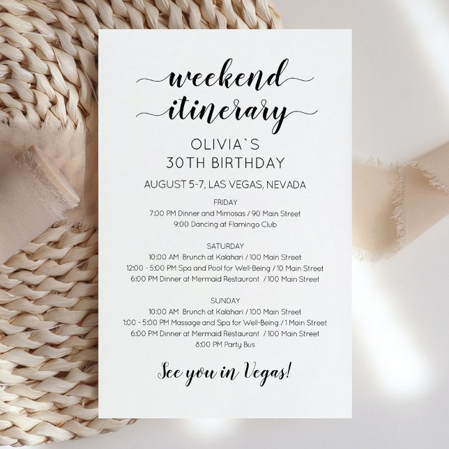 Elegant veckosluts-födelsedagsprogram inbjudan (Elegant Weekend Birthday Itinerary Invitation)
