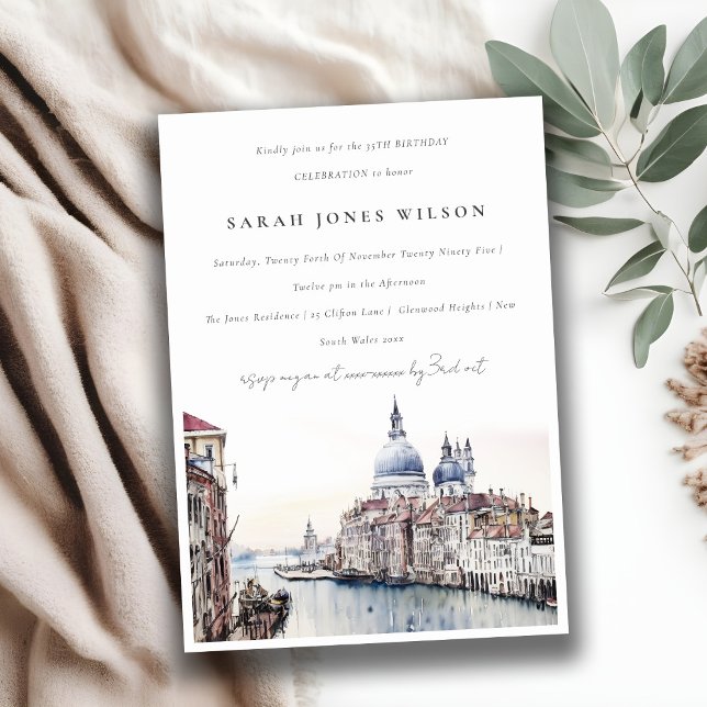 Elegant Venedig Italien Canals Watercolor Birthday Inbjudningar (Skapare uppladdad)