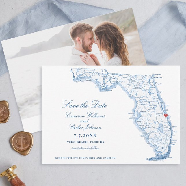 Elegant Vero Beach Florida Bröllop flottan Karta Spara Datumet (Elegant Vero Beach Florida wedding save the dates with navy blue map )