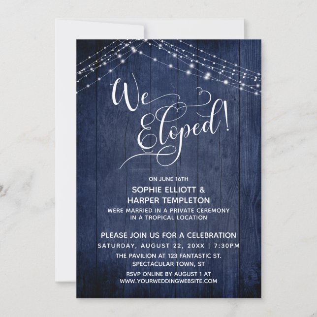 Elegant Vi Flydde Typografi & Ljus, Marin Trä Inbjudningar (Framsida)