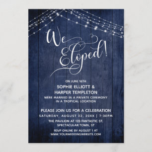Elegant Vi Flydde Typografi & Ljus, Marin Trä Inbjudningar