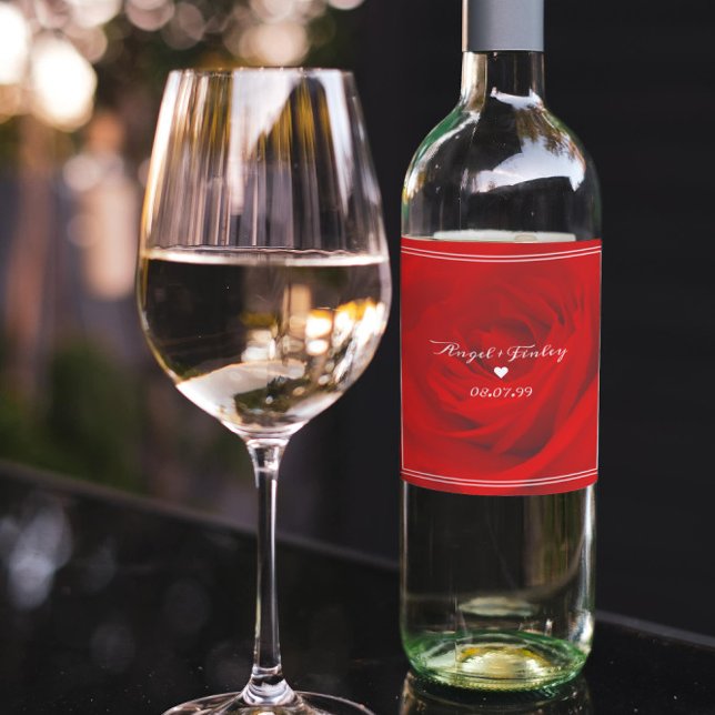 Elegant Vibrant Röd ros Aesthetic Chic Romantic Vinflaska Etikett (Skapare uppladdad)