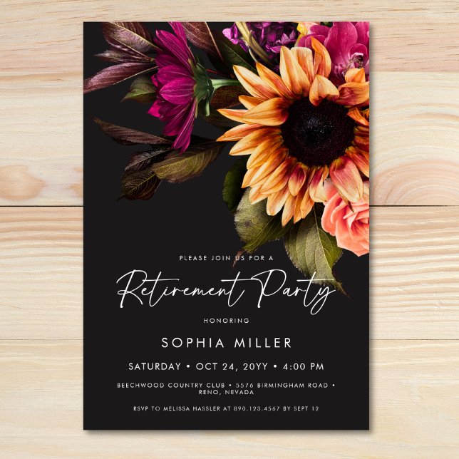 Elegant Vibrant Sunflower Floral Retirement Party Inbjudningar (Elegant Vibrant Sunflower Floral Retirement Party Invitation)