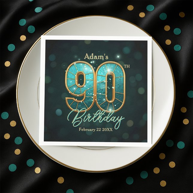 Elegant Vibrant Teal and Gold 90th Birthday Pappersservett (Skapare uppladdad)