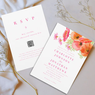 Elegant Vibrerande Rosa Orange Blommig Bröllops QR Inbjudningar