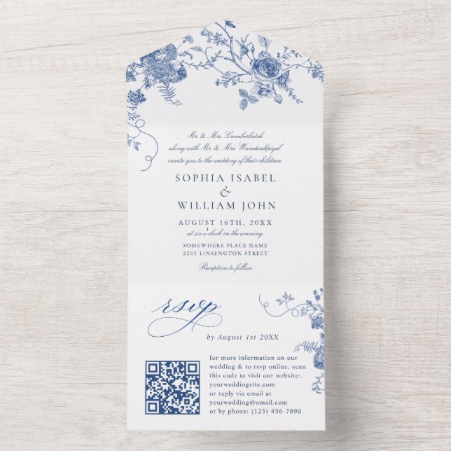Elegant Victorian Blue Fransk Blommigt Bröllop (Insida)