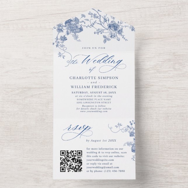 Elegant Victorian Blue Fransk Blommigt Bröllop (Insida)
