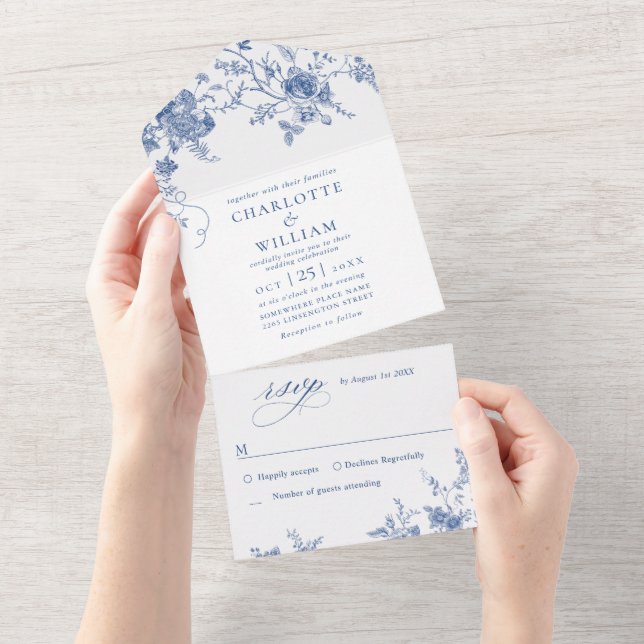 Elegant Victorian Blue Fransk Blommigt Bröllop (Avrivbar del)