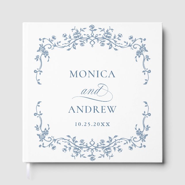 Elegant Victorian Blue Fransk Blommigt Bröllop Gästböcker (Framsida)