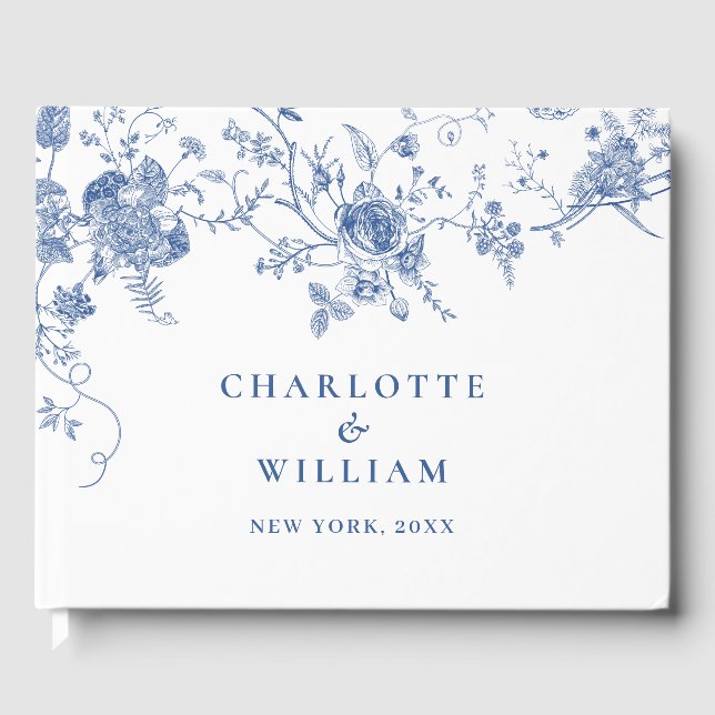 Elegant Victorian Blue Fransk Blommigt Bröllop Gästböcker (Framsida)