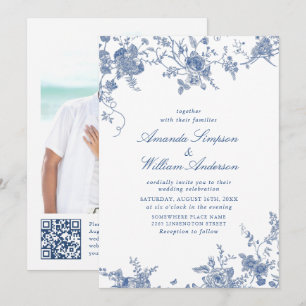 Elegant Victorian Blue Fransk Blommigt Bröllop Inbjudningar