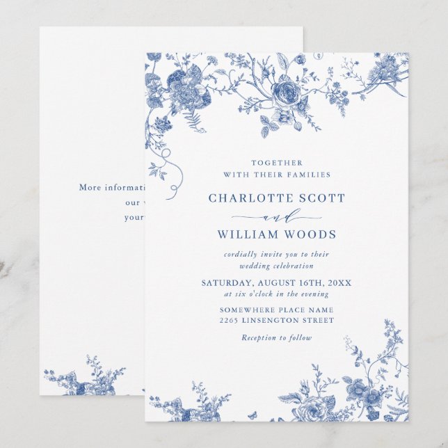 Elegant Victorian Blue Fransk Blommigt Bröllop Inbjudningar (Fram/baksida)