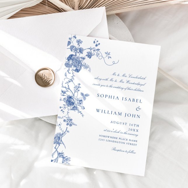 Elegant Victorian Blue Fransk Blommigt Bröllop Inbjudningar (Skapare uppladdad)