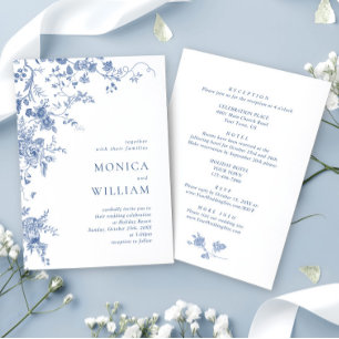 Elegant Victorian Blue Fransk Blommigt Bröllop Inbjudningar