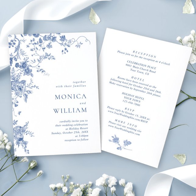 Elegant Victorian Blue Fransk Blommigt Bröllop Inbjudningar (Skapare uppladdad)