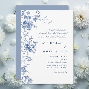 Elegant Victorian Blue Fransk Blommigt Bröllop Inbjudningar