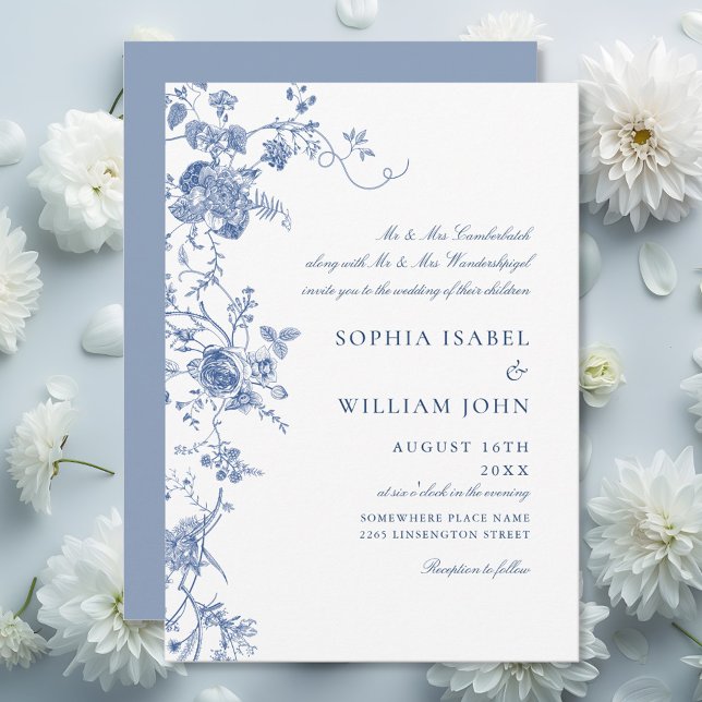 Elegant Victorian Blue Fransk Blommigt Bröllop Inbjudningar (Skapare uppladdad)