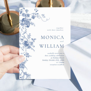 Elegant Victorian Blue Fransk Blommigt Bröllop Inbjudningar