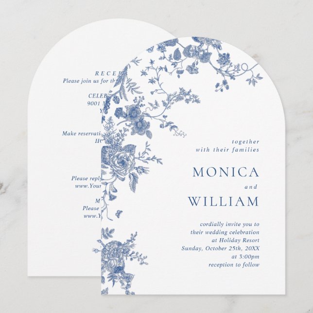 Elegant Victorian Blue Fransk Blommigt Bröllop Inbjudningar (Fram/baksida)