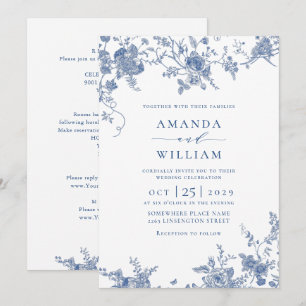 Elegant Victorian Blue Fransk Blommigt Bröllop Inbjudningar