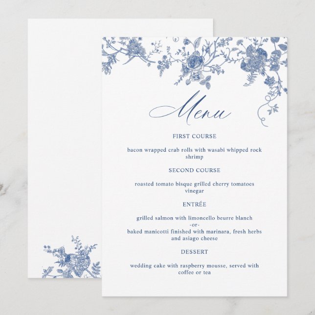Elegant Victorian Blue Fransk Blommigt Bröllop Meny (Fram/baksida)