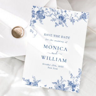 Elegant Victorian Blue Fransk Blommigt Bröllop Spara Datumet