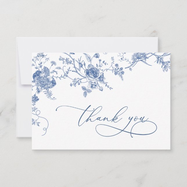 Elegant Victorian Blue Fransk Blommigt Bröllop Tack Kort (Framsida)