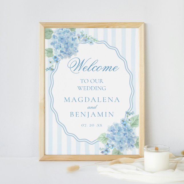 Elegant Victorian Blue Hydrangea Bröllop Välkommen Poster (Skapare uppladdad)