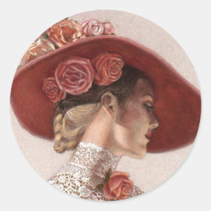 Elegant Victorian Dam Fine Art Vintage Ro Hat Runt Klistermärke