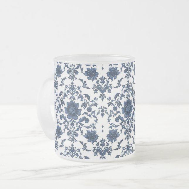 Elegant Victorian Damask Flower Pattern Navy Blue  Frostad Glasmugg (Framsida vänster)