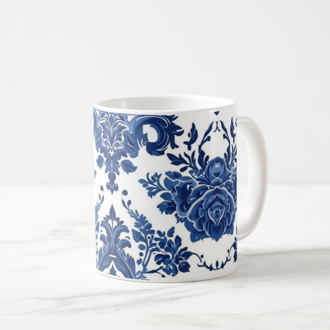 Elegant Victorian Damask Flower Pattern Navy Blue  Kaffemugg (Framsida höger)