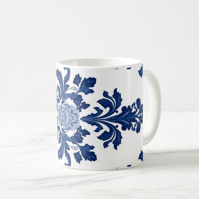 Elegant Victorian Damask Flower Pattern Navy Blue  Kaffemugg (Framsida höger)