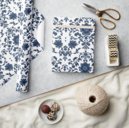 Elegant Victorian Damask Flower Pattern Navy Blue Presentpapper