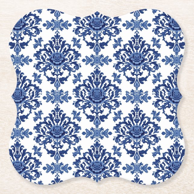 Elegant Victorian Damask Flower Pattern Navy Blue  Underlägg Papper (Framsida)
